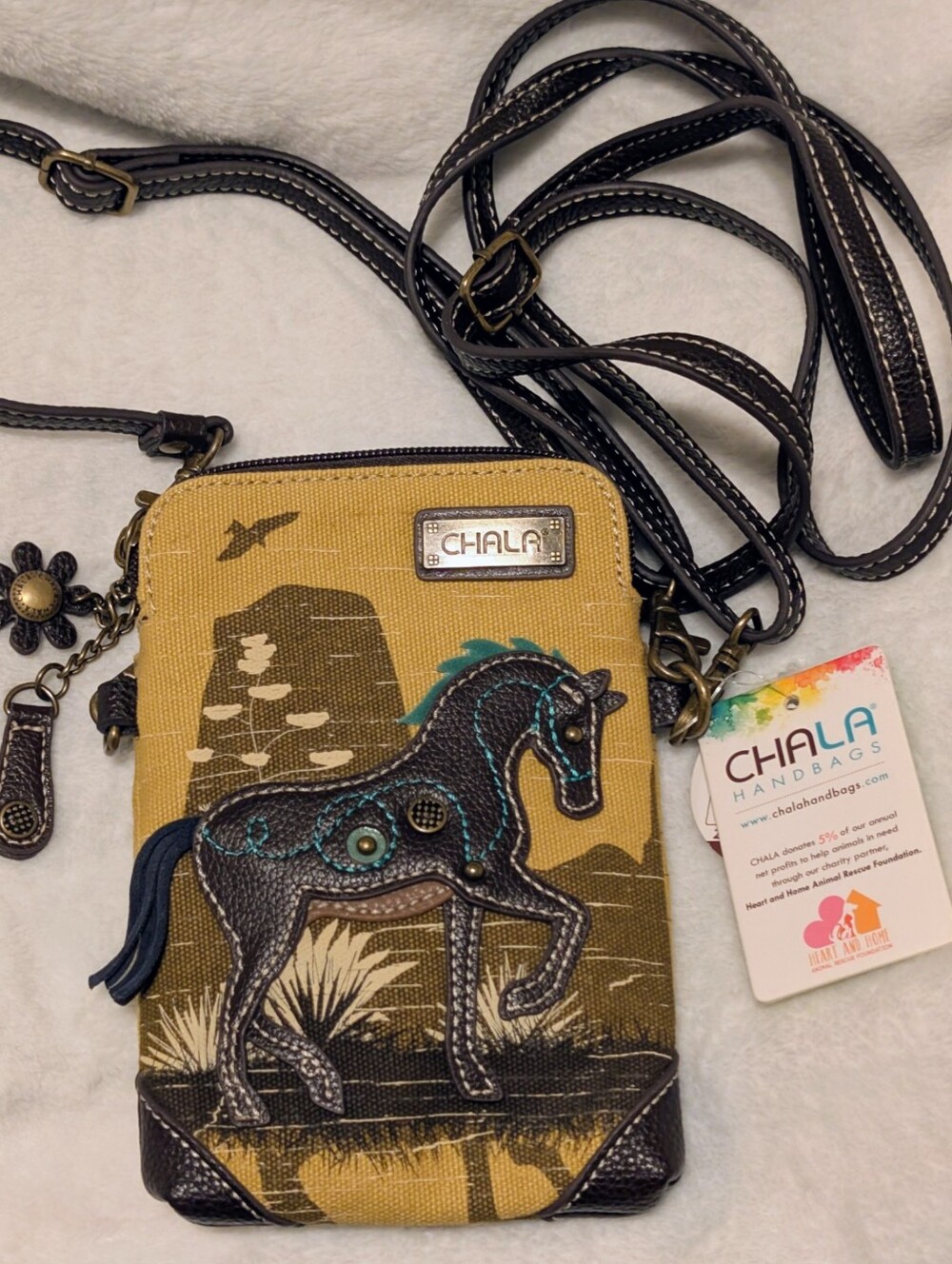 NWT Chala Yellow Canvas Crossbody with Brown Horse Appliqués-2 Adjustable straps